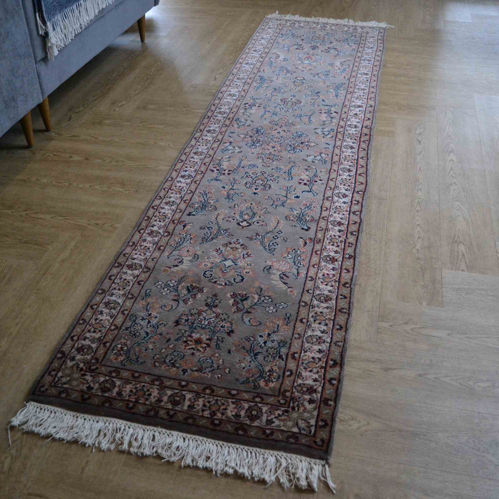 Indo Traditional Hand Knotted Wool Runner Rug In Grey